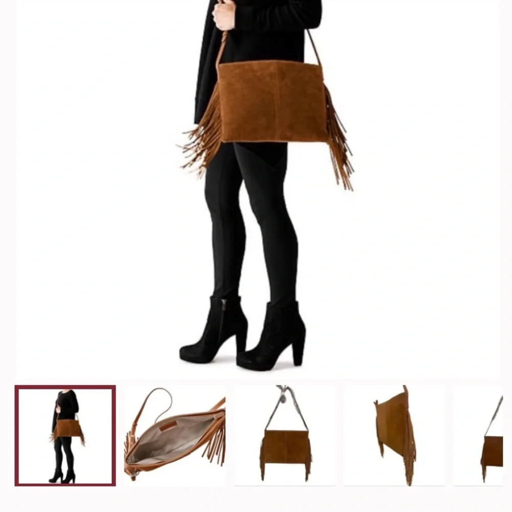 MARK & GRAHAM Fringed Cross Body Bag Purse Tan Leather and Suede NWOT - Picture 2 of 10